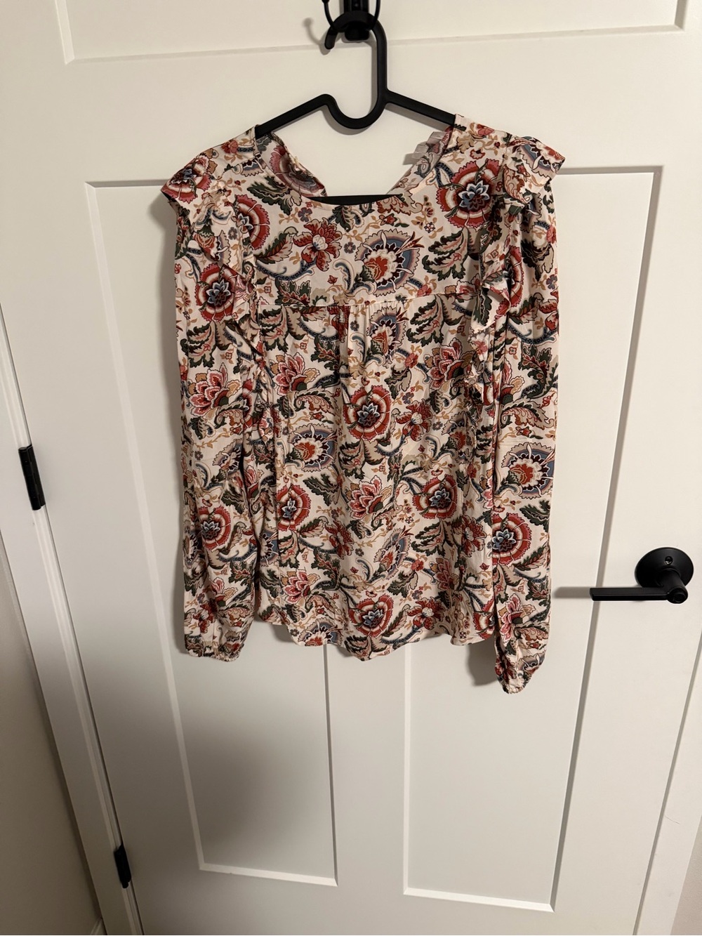 LOFT Floral Long-Sleeve Peasant Blouse - Cream with Rust & Navy